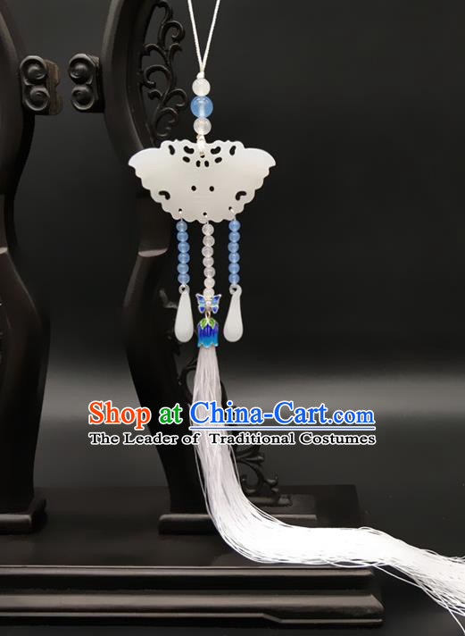 Traditional Handmade Chinese Ancient Classical Hanfu Accessories Tassel Jade Butterfly Pendant Palace Taeniasis for Women