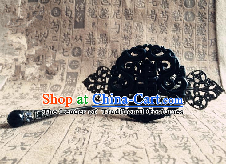 Traditional Handmade Chinese Ancient Classical Hair Accessories Qin Dynasty Emperor Black Jade Tuinga Hairdo Crown Hairpins for Men