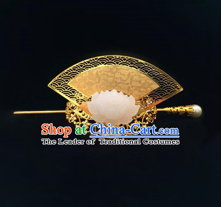 Traditional Handmade Chinese Ancient Classical Hair Accessories Qin Dynasty Nobility Childe Jade Golden Tuinga Hairdo Crown Hairpins for Men