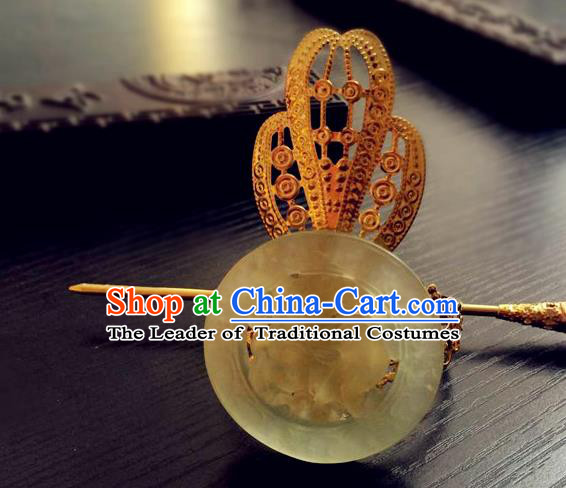 Traditional Handmade Chinese Ancient Classical Hair Accessories Han Dynasty Nobility Childe Golden Tuinga Jade Hairdo Crown Hairpins for Men