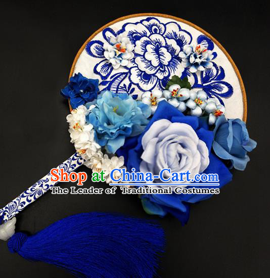 Traditional Handmade Chinese Ancient Classical Hanfu Palace Lady Embroidered Blue Round Fans for Women