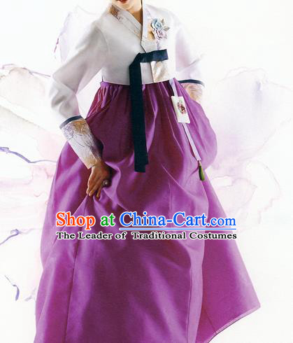 Traditional Korean Costumes Bride Formal Attire Ceremonial White Blouse and Purple Dress, Korea Hanbok Court Embroidered Clothing for Women