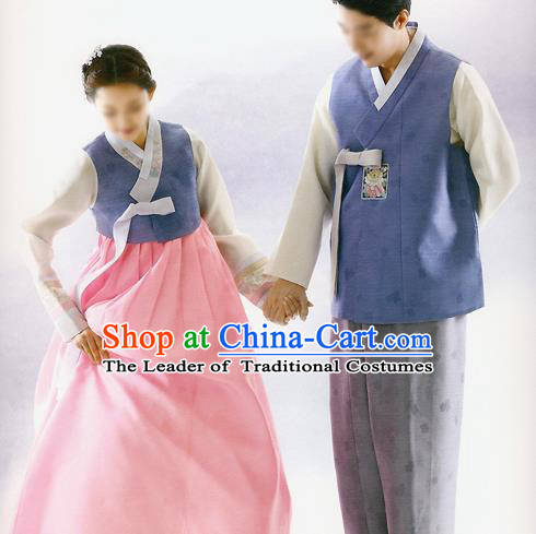 Traditional Korean Costumes Bride and Bridegroom Deep Blue Cloth Complete Set, Korea Hanbok Court Embroidered Clothing for Women for Men