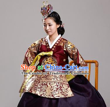 Traditional Korean Costumes Bride Wedding Clothing Complete Set, Korea Hanbok Queen Court Embroidered Clothing for Women