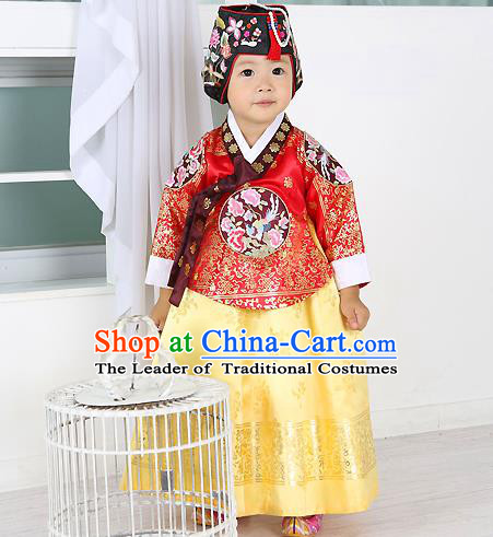Traditional Korean Handmade Formal Occasions Costume Embroidered Baby Brithday Girls Red Blouse and Dress Hanbok Clothing