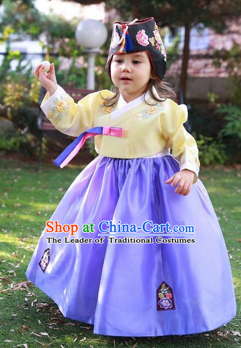 Traditional Korean Handmade Formal Occasions Costume Embroidered Yellow Blouse and Purple Dress Hanbok Clothing for Girls