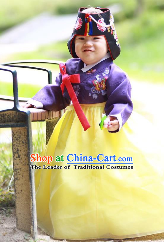 Traditional Korean Handmade Formal Occasions Costume Embroidered Purple Blouse and Yellow Dress Hanbok Clothing for Girls