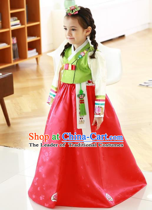 Traditional Korean Handmade Formal Occasions Costume Baby Princess Embroidered Green Blouse and Red Dress Hanbok Clothing for Girls