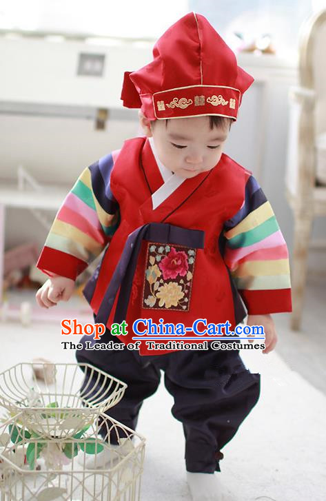 Asian Korean Traditional Handmade Formal Occasions Costume Baby Prince Embroidered Red Hanbok Clothing for Boys