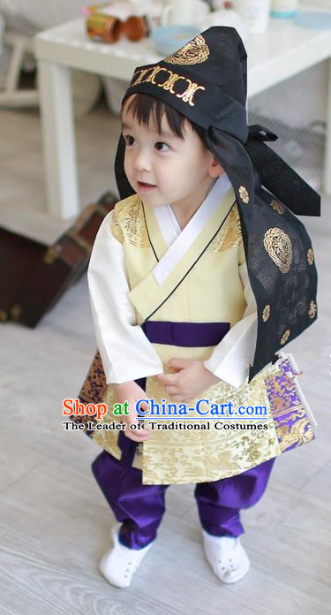 Asian Korean National Traditional Handmade Formal Occasions Costume, Palace Boys Brithday Embroidered Yellow Hanbok Clothing for Kids