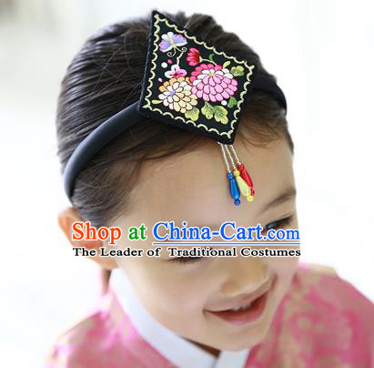 Traditional Korean Hair Accessories Embroidered Black Hair Clasp, Asian Korean Hanbok Fashion Headwear Headband for Kids
