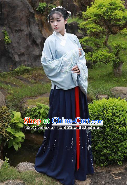 Asian China Ming Dynasty Palace Lady Costume Embroidered Sleeve Placket Blouse and Skirt for Women