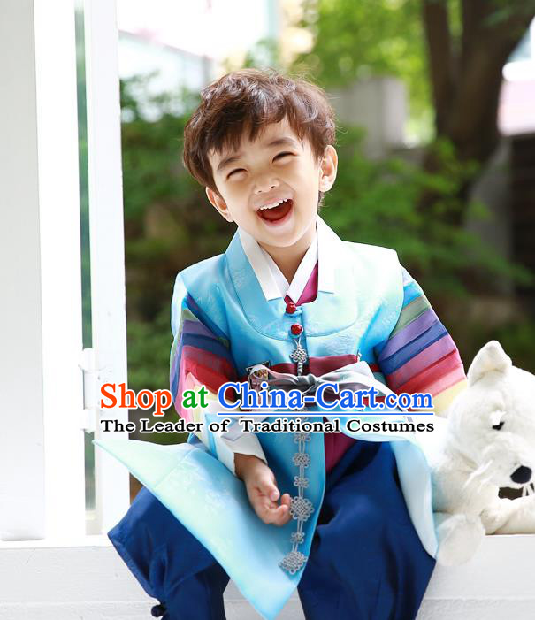 Asian Korean Traditional Handmade Formal Occasions Costume Palace Prince Embroidered Blue Hanbok Clothing for Boys