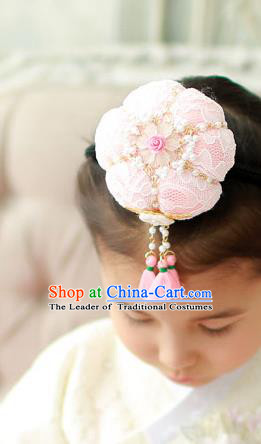 Traditional Korean Hair Accessories Embroidered Pink Lace Flower Hair Clasp, Asian Korean Hanbok Fashion Headwear Headband for Kids