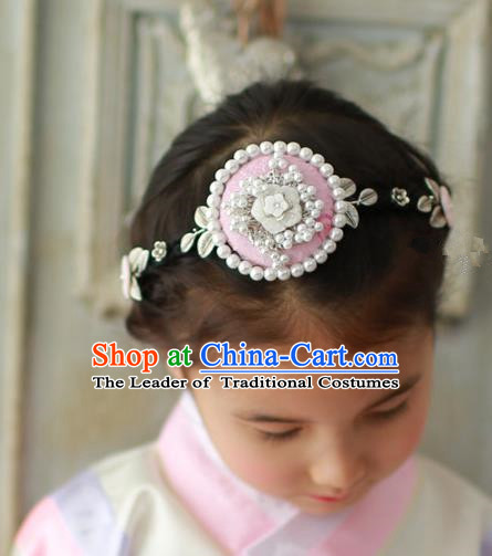 Traditional Korean Hair Accessories Pearls Pink Flower Hair Clasp, Asian Korean Hanbok Fashion Headwear Headband for Kids