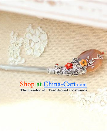 Traditional Korean Hair Accessories Bride Brown Jade Hairpins, Asian Korean Fashion Wedding Headwear for Kids