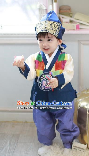 Asian Korean Traditional Handmade Formal Occasions Boys Embroidered Deep Blue Costume Hanbok Clothing for Boys