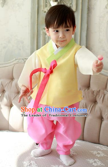 Asian Korean Traditional Handmade Formal Occasions Boys Embroidered Yellow Costume Hanbok Clothing for Boys