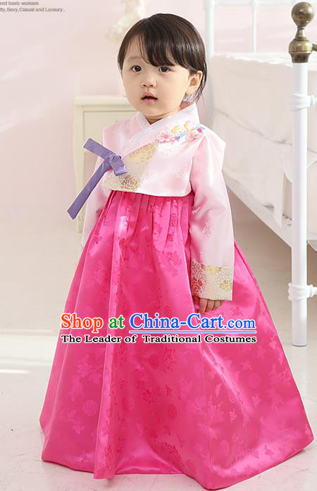 Asian Korean Traditional Handmade Formal Occasions Girls Embroidered Pink Blouse and Rosy Dress Costume Hanbok Clothing for Kids