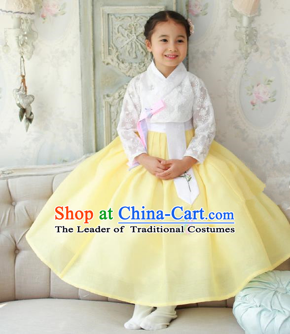 Asian Korean National Traditional Handmade Formal Occasions Girls Embroidered White Lace Blouse and Yellow Dress Costume Hanbok Clothing for Kids