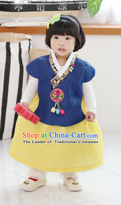 Asian Korean National Traditional Handmade Formal Occasions Girls Embroidery Hanbok Costume Blue Blouse and Yellow Dress Complete Set for Kids