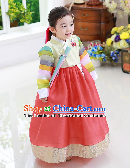 Asian Korean National Traditional Handmade Formal Occasions Girls Embroidery Hanbok Costume Yellow Blouse and Red Dress Complete Set for Kids