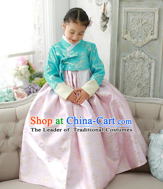 Traditional Korean National Handmade Formal Occasions Girls Embroidery Hanbok Costume Green Blouse and Pink Dress for Kids