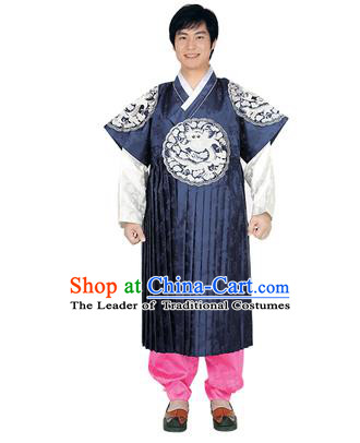 Korean National Traditional Handmade Wedding Embroidery Hanbok Costume, Asian Korean Bridegroom Navy Dragon Robe for Men