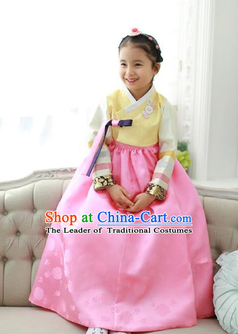 Traditional Korean National Handmade Formal Occasions Girls Embroidery Hanbok Costume Yellow Blouse and Pink Dress for Kids