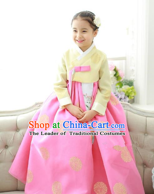 Traditional Korean National Handmade Formal Occasions Girls Hanbok Costume Embroidered Yellow Blouse and Pink Dress for Kids