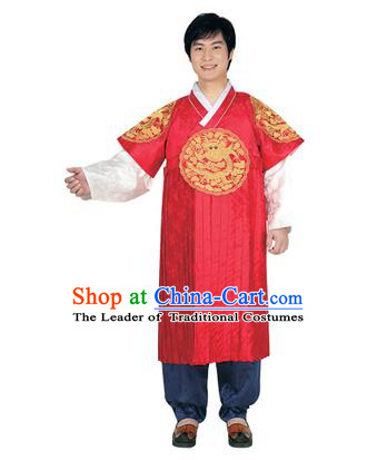 Korean National Traditional Handmade Wedding Embroidery Hanbok Costume, Asian Korean Bridegroom Red Dragon Robe for Men