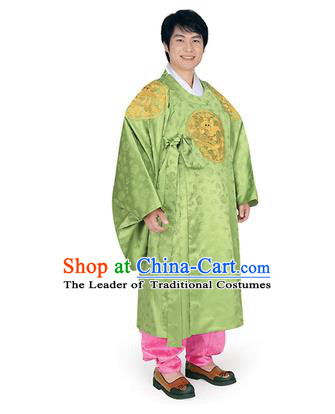 Korean National Traditional Handmade Wedding Embroidery Hanbok Costume, Asian Korean Palace Bridegroom Green Dragon Robe for Men