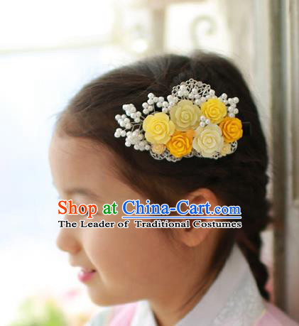 Traditional Korean Hair Accessories Yellow Flowers Hair Claw, Asian Korean Hanbok Fashion Headwear Hair Stick for Kids
