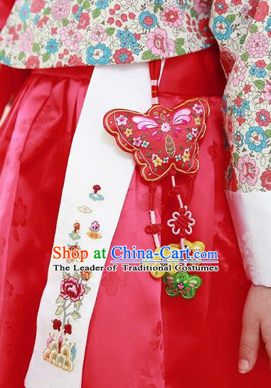 Traditional Korean Accessories Embroidered Butterfly Waist Pendant, Asian Korean Fashion Wedding Red Tassel Waist Decorations for Women