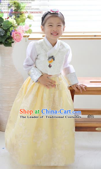 Asian Korean National Traditional Handmade Formal Occasions Girls Embroidery Hanbok Costume White Blouse and Yellow Dress Complete Set for Kids