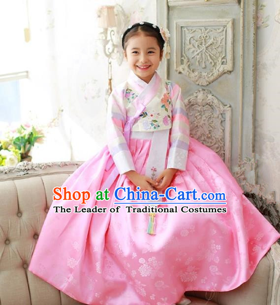 Korean National Handmade Formal Occasions Girls Embroidery Hanbok Costume White Blouse and Pink Dress Complete Set for Kids