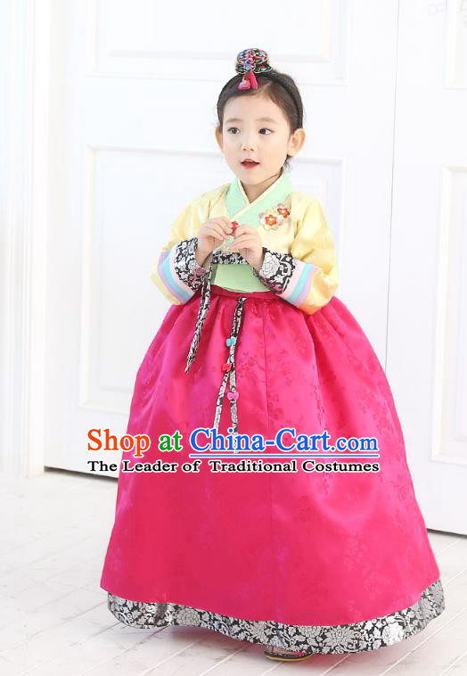 Traditional Korean National Handmade Formal Occasions Girls Embroidery Hanbok Costume Yellow Blouse and Pink Dress Complete Set for Kids