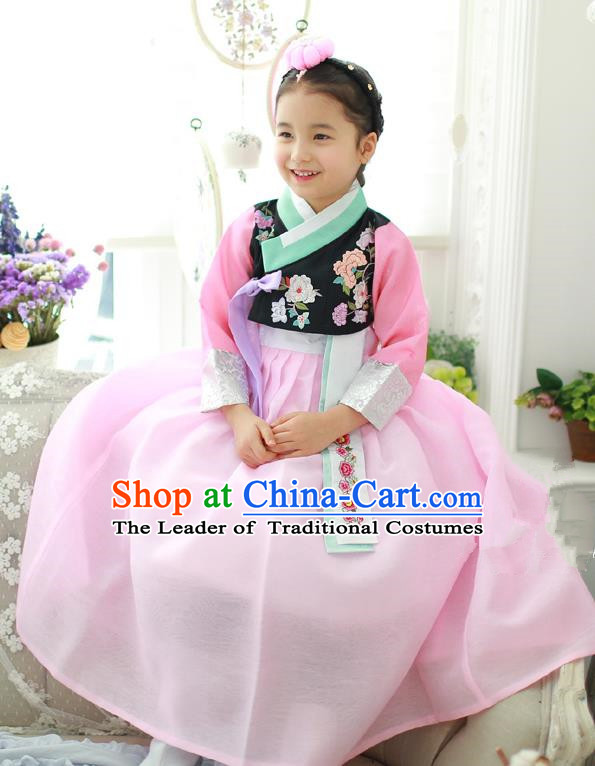 Korean National Handmade Formal Occasions Girls Hanbok Costume Embroidery Black Blouse and Pink Dress for Kids