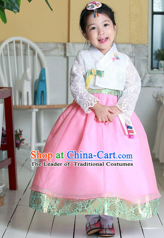 Traditional Korean National Handmade Formal Occasions Girls Hanbok Costume Embroidered White Lace Blouse and Pink Dress for Kids