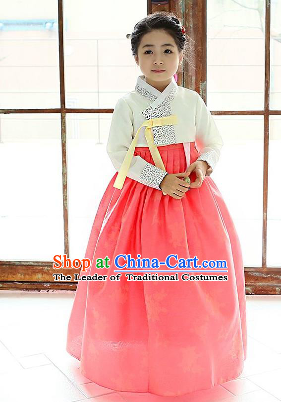 Traditional Korean National Handmade Formal Occasions Girls Hanbok Costume Embroidered White Blouse and Orange Dress for Kids