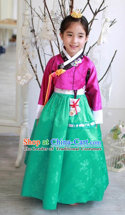 Traditional Korean National Handmade Formal Occasions Girls Hanbok Costume Embroidered Rosy Blouse and Green Dress for Kids