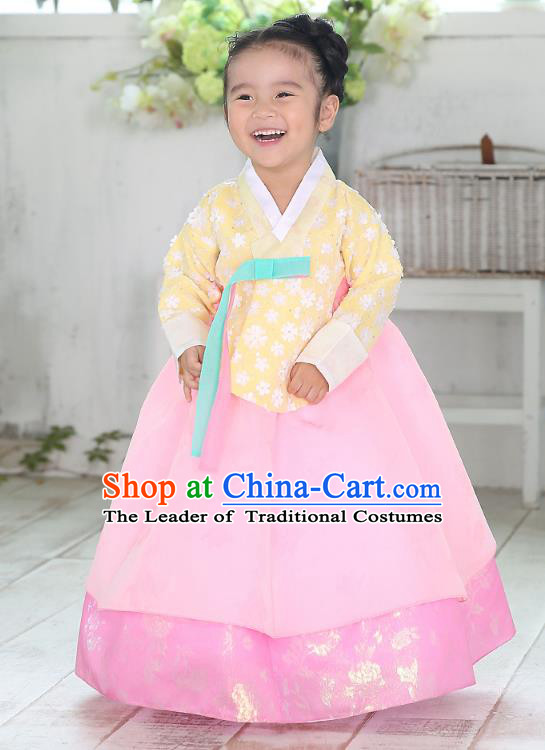 Traditional Korean National Handmade Formal Occasions Girls Palace Hanbok Costume Embroidered Yellow Blouse and Pink Dress for Kids