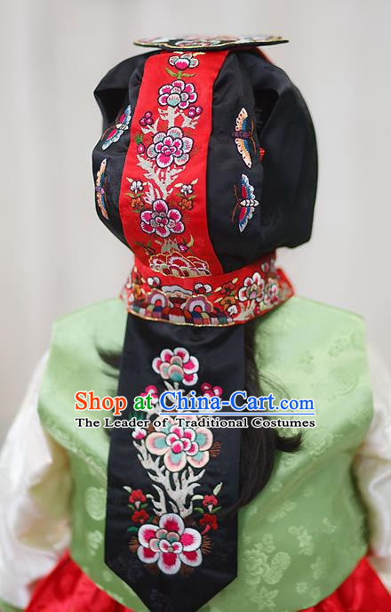 Traditional Korean Hair Accessories Bride Embroidered Black Hats, Asian Korean Fashion Hanbok Headwear for Girls
