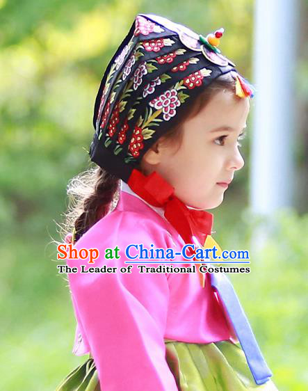 Traditional Korean National Hair Accessories Bride Embroidered Black Hats, Asian Korean Fashion Hanbok Headwear for Girls