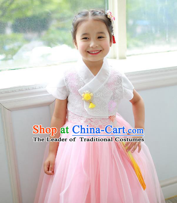 Korean National Handmade Formal Occasions Embroidered White Blouse and Pink Dress, Asian Korean Girls Palace Hanbok Costume for Kids