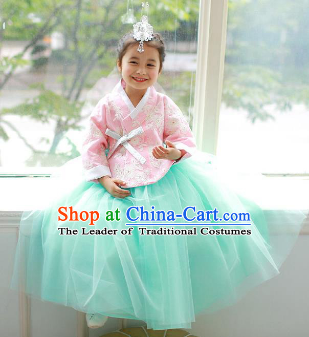 Korean National Handmade Formal Occasions Embroidered Pink Blouse and Green Dress, Asian Korean Girls Palace Hanbok Costume for Kids