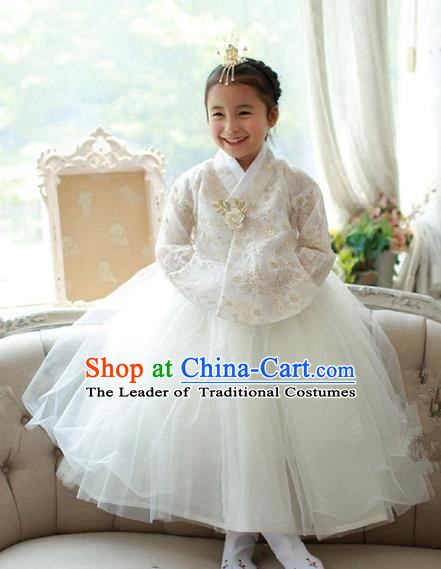 Korean National Handmade Formal Occasions Embroidered White Lace Blouse and Dress, Asian Korean Girls Palace Hanbok Costume for Kids