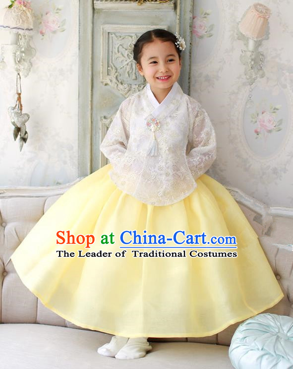 Korean National Handmade Formal Occasions White Embroidered Blouse and Yellow Dress, Asian Korean Girls Palace Hanbok Costume for Kids