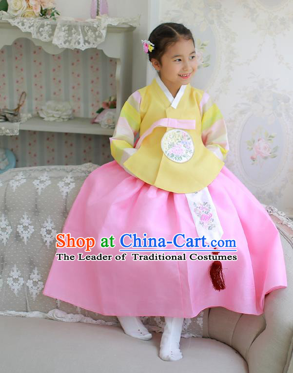 Korean National Handmade Formal Occasions Embroidered Yellow Blouse and Pink Dress Hanbok Costume for Kids