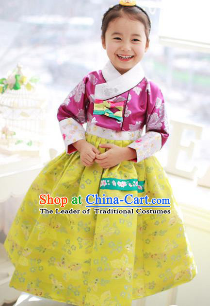 Korean National Handmade Formal Occasions Embroidered Rosy Blouse and Yellow Dress Hanbok Costume for Kids